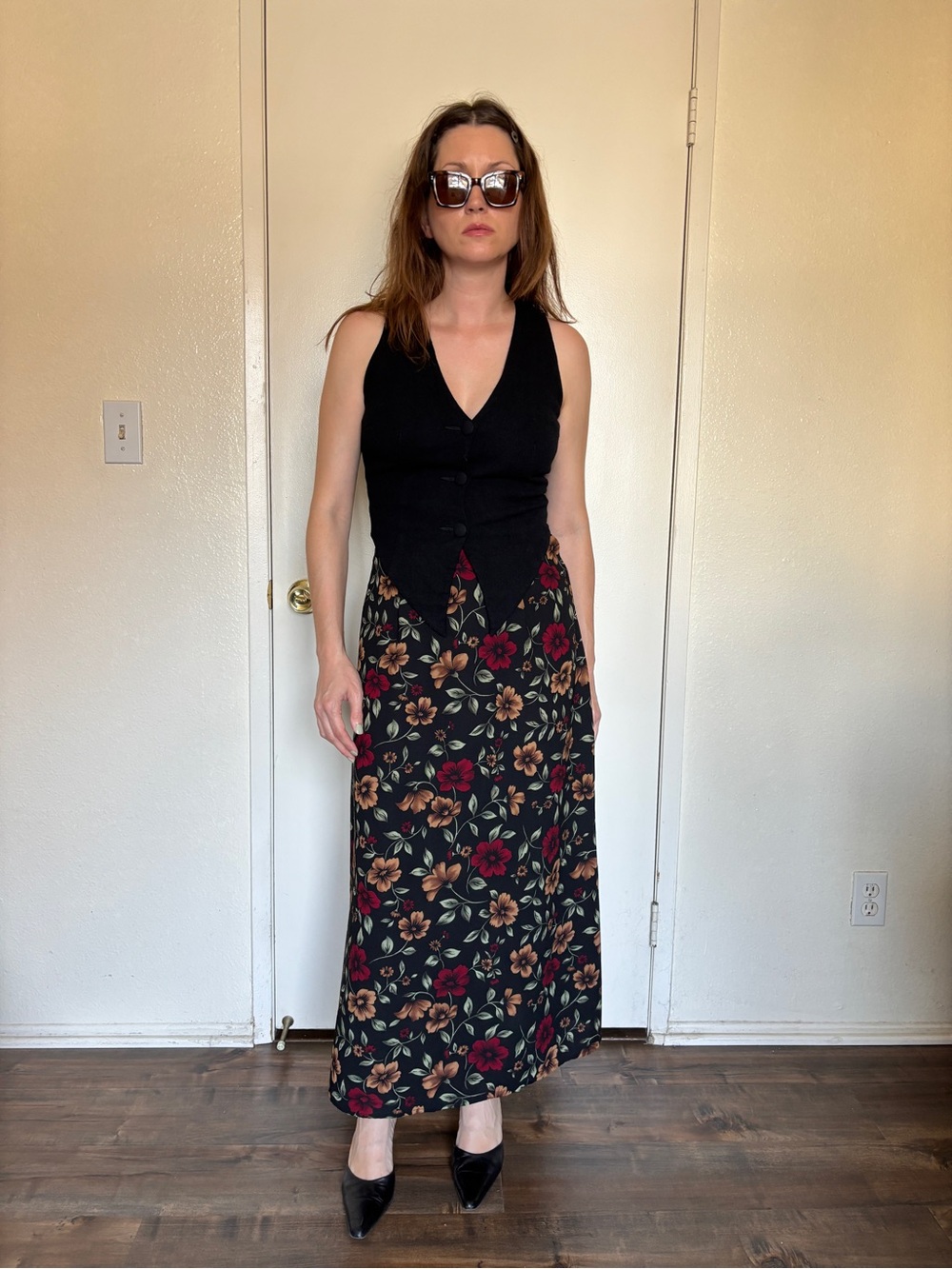Floral Dark Academia Maxi Skirt - Black with Red & Tan Flowers